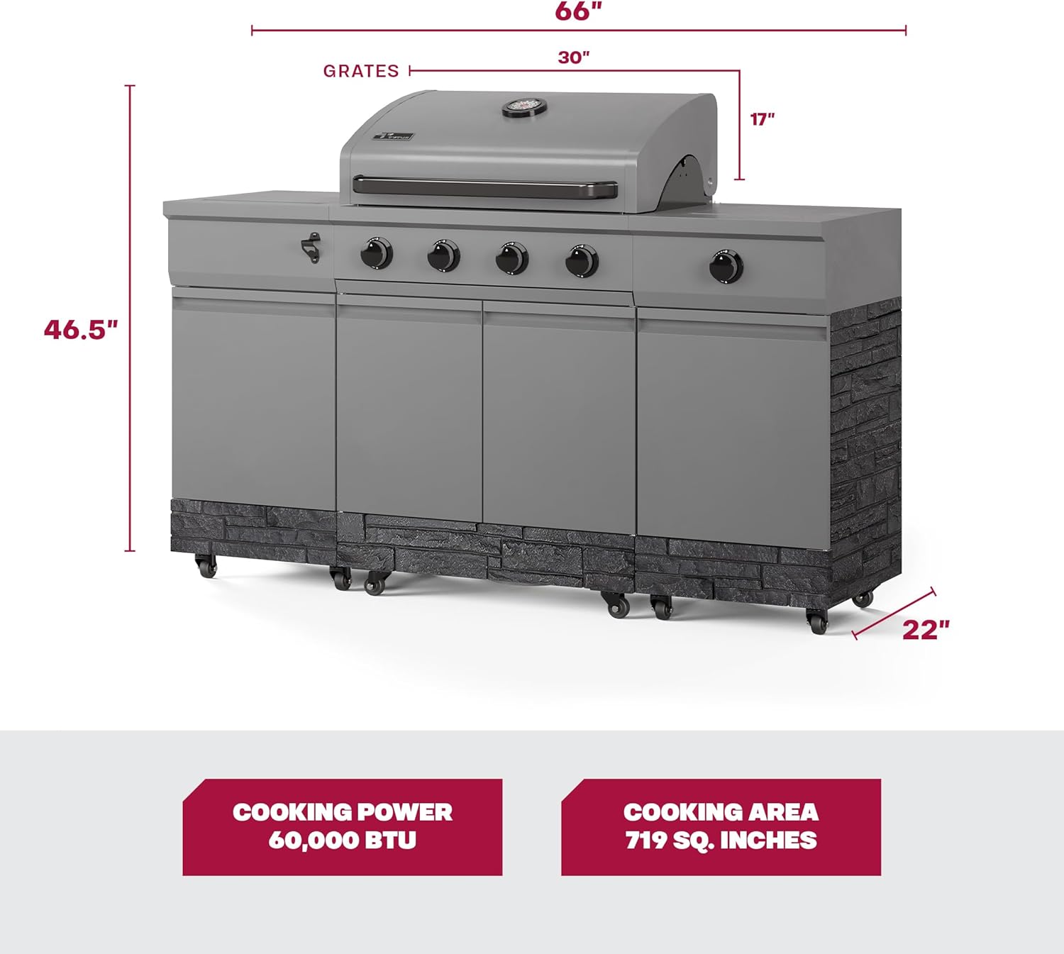 Tytus Fresno 5 Burner Propane or Natural Gas Island Grill with Cover and LED Light - 864 sq. in. Cooking Area, 48,000 BTU Grill, 12,000 BTU Side Burner - Gunmetal & Graphite Stone B0DSK11KC3 - Image 4