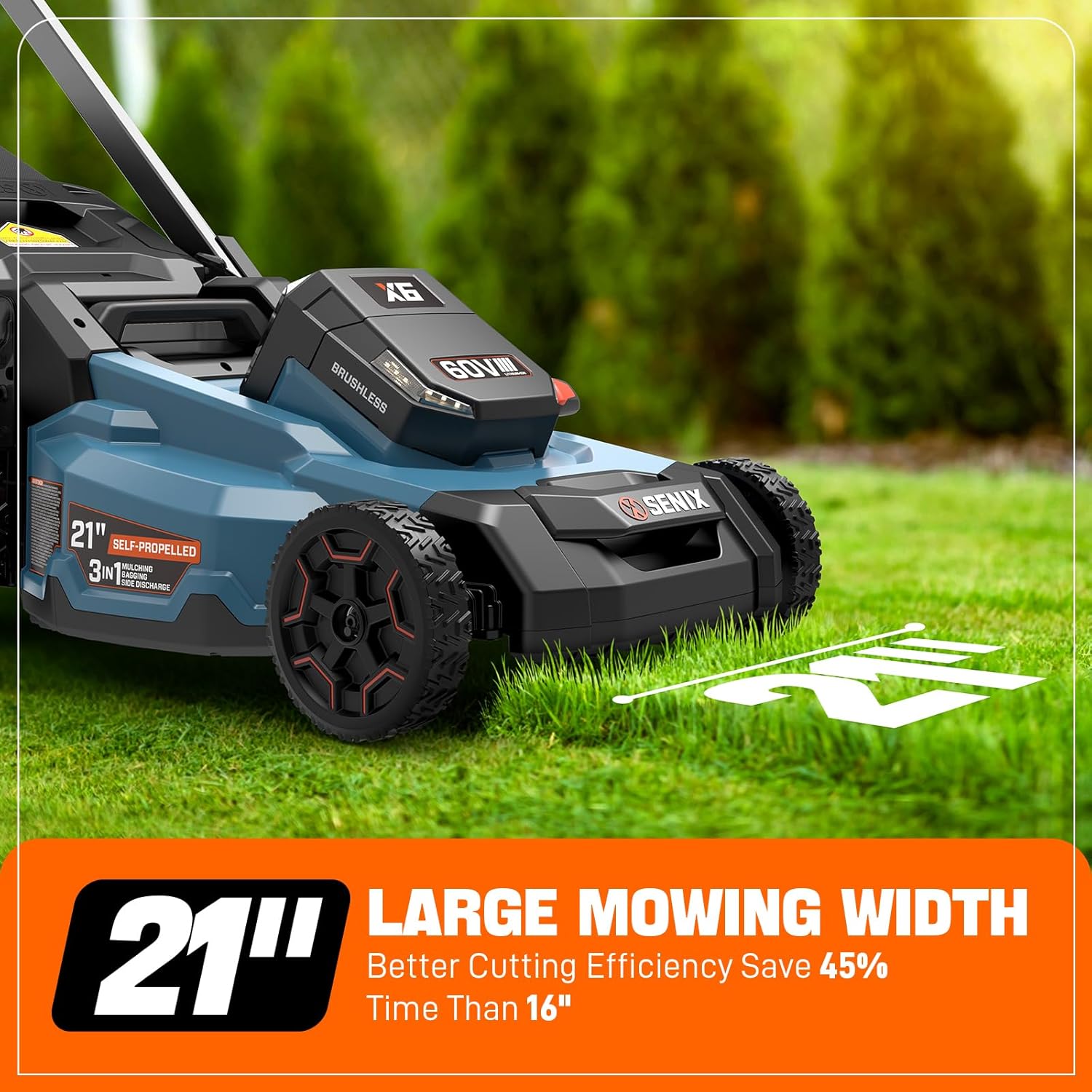 SENIX X6 60V 21-Inch 3-in-1 Cordless Lawn Mower with LED Light | 7 Height Adjustments, Smart Display, Bagging/Mulching/Side Discharge | 6Ah Li-ion Battery & Charger Included (LPPX6-H) B0CYVZTN2M - Image 2