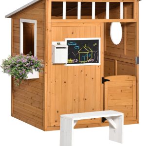 Outsunny Wooden Playhouse for Kids Outdoor with Working Door, Windows, Mailbox, Bench, Flowers Pot Holder, 48" x 42.5" x 53" B09QS3VVGS