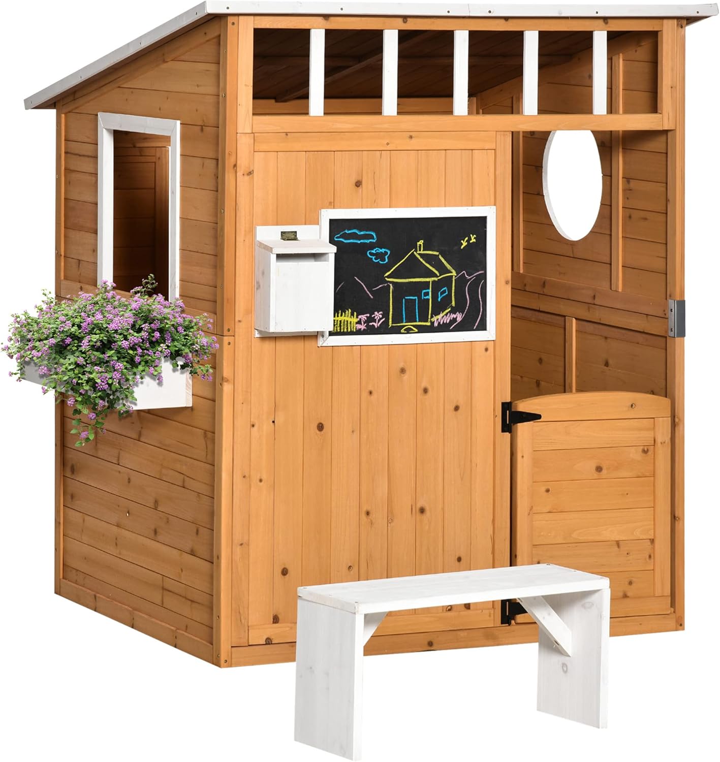 Outsunny Wooden Playhouse for Kids Outdoor with Working Door, Windows, Mailbox, Bench, Flowers Pot Holder, 48" x 42.5" x 53" B09QS3VVGS