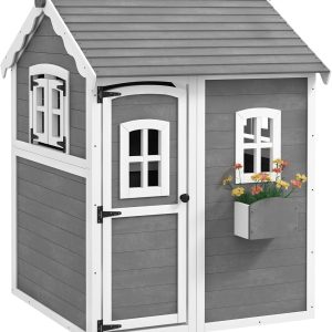 Outsunny Playhouse for Kids, Outdoor Wooden Playhouse with Floor, Door, Windows & Planter Box for 3-8 Year Olds, Backyard, Lawn, Garden, Gray B0CXHYB956