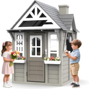 Kids Playhouse Cottage,Cedar Gray Wooden Play House for Kids Ages 3-8, with Play Kitchen, Interactive Doorbell, Toy Phone, Sink, Flowerpot B0DFWPW6PP