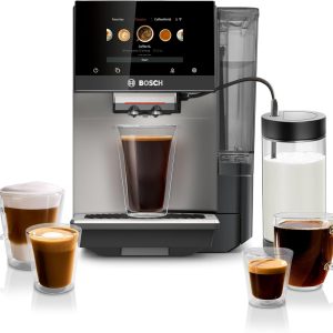 Bosch TPU60501 800 Series VeroCafe Fully Automatic Espresso Machine with Home Connect, Glass Milk Container, 36 Beverage Varieties with Coffee World, Double Cup, in Metallic Silver B0CWYKB2MB