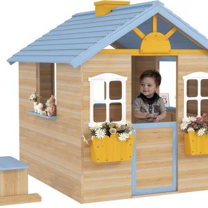 Outsunny Wooden Playhouse for Kids Outdoor Garden Pretend Play Games, Adventures Cottage, with Working Door, Windows, Bench, Service Station, Flowers Pot Holder, for 3-7 Years Old, Blue B0DT57R4HT