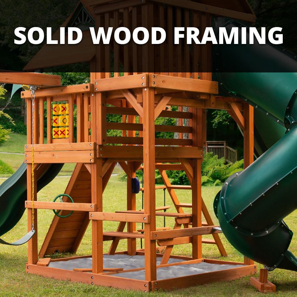 Gorilla Playsets 01-0030-AP-1 Great Skye I Wood Swing Set with Green Vinyl Canopy, Tube Slide, and Rock Wall, Amber B00RZID7UU - Image 4