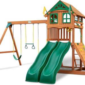 Gorilla Playsets 01-1087 Avalon Wooden Swing Set with Wood Roof, Two Slides, Climbing Wall, Ladder, and Swings, Cedar B09QB4ZYY5