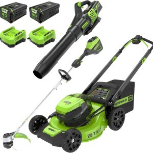 Greenworks 80V 21" Cordless Battery Push Lawn Mower,16" Cordless Battery String Trimmer & 730 CFM Leaf Blower,Combo Kit w/ (1) 4.0Ah Battery (1)2.5 Ah Battery and (2)Charger B0CBFKSDF8