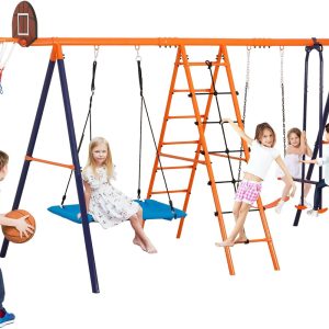 SUPER DEAL Outdoor Swing Set for Kids, Metal Playset with Adjustable Swings, Climbing Ladder and Nets, Swing Glider, Basketball Hoop for Backyard Playground, Heavy Duty 6 in 1 B0DN68M3RN