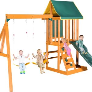 Merax Wooden Playground Sets for Backyards, 3 in 1 Swing and Slide and Climber Set Outdoor Playset for Garden Backyard, Green B0F43PLSV3