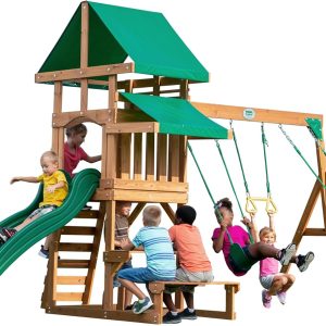 Belmont Cedar Wood Swing Set with Wave Slide, Play Deck, Rock Wall Ladder, Snack Bar Window, Shaded Picnic Area, Bench, Belt Swings, Trapeze, Sandbox Area, Canopy, Outdoor Playset B07ZTVP2W2
