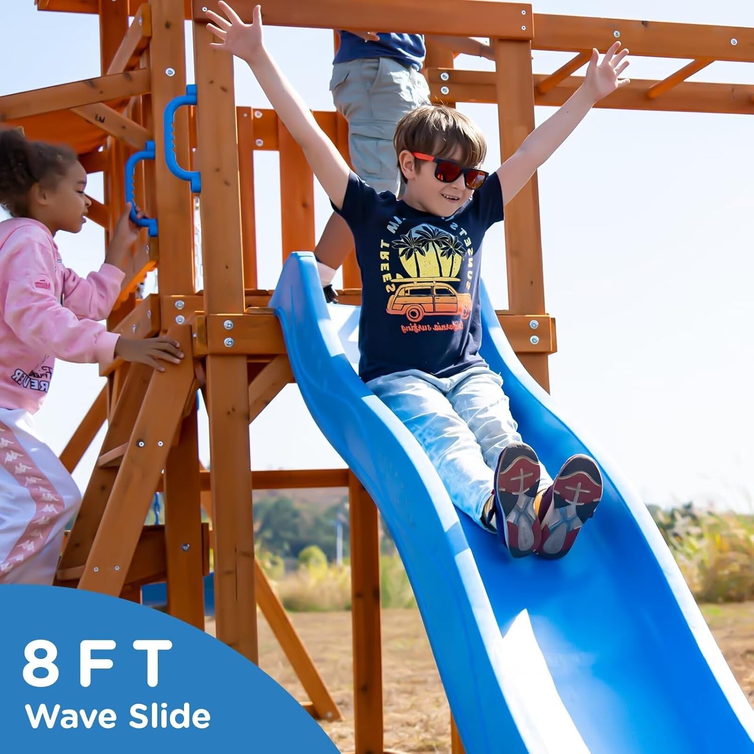 Dolphin Playground Swing Sets for Backyard with Monkey bar, Wooden Playground Sets for Backyards with 8FT Wave Slide, Multi-Functional Shelf, 2 Belt Swings, Outdoor Playset for Kids 3-10 B0D3LYPFXH - Image 5