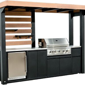 Backyard Discovery Fusion Flame Galvanized Steel Covered Outdoor Kitchen with 5-Burner Stainless Steel Grill, Refrigerator, Countertop, Storage, and Steel Roof for All-Season Outdoor Cooking B0CMDGMQMH