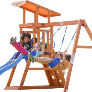 Dolphin Playground Wooden Swing Sets for Backyard, Playground Sets for Backyards with Slide, Sandbox, Climbing Wall, and 2 Belt Swings, Outdoor Playset, Backyard Playground Set, Ages 2-6 B0C9LFT19X