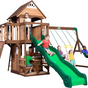 Backyard Discovery Mount Triumph Cedar Wood Swing Set with Wave Slide, Clubhouse, Rock Wall, Play Kitchen, Picnic Area, Belt Swings, Trapeze, Balconies, Playhouse, Ladder, Accessories, Outdoor Playset B071JS5LR7