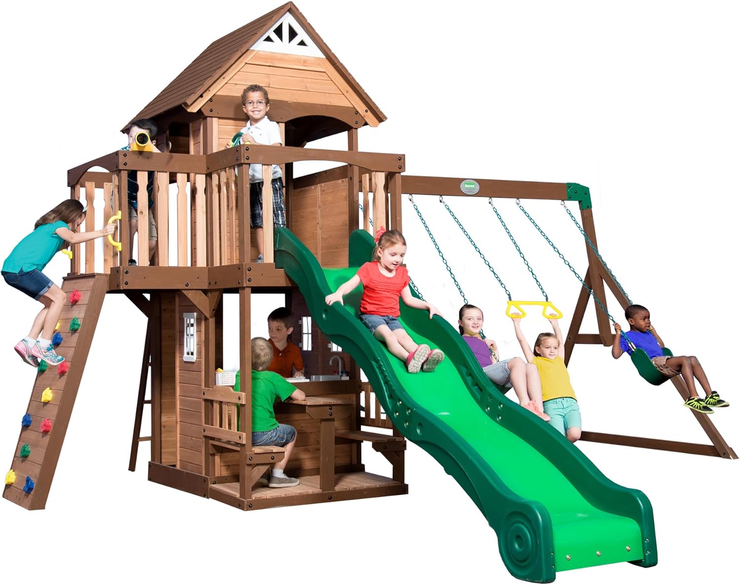 Mount Triumph Cedar Wood Swing Set with Wave Slide, Clubhouse, Rock Wall, Play Kitchen, Picnic Area, Belt Swings, Trapeze, Balconies, Playhouse, Ladder, Accessories, Outdoor Playset B071JS5LR7