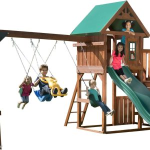 Swing-N-Slide Alpine View Wooden Swing Set with with Vinyl Canopy Roof, Plastic Slide, Climbing Wall, Picnic Table, and Swings, Green Slide B0DWZ4WBD6