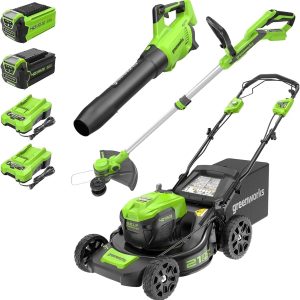 Greenworks 40V 21" Self-Propelled Lawn Mower,Axial Leaf Blower(500 CFM / 120 MPH),13" String Trimmer with 2 Batteries(5Ah+2Ah) & Chargers B0DFLTCCFG