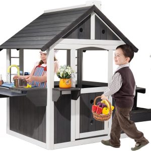 JOYMOR Kids Wooden Playhouse for Outdoor, Cottage with Sink, Picnic Table, Mailbox, Flowerpot Holders, Age 3-8 (Gray&White) B0F5PY2XWX
