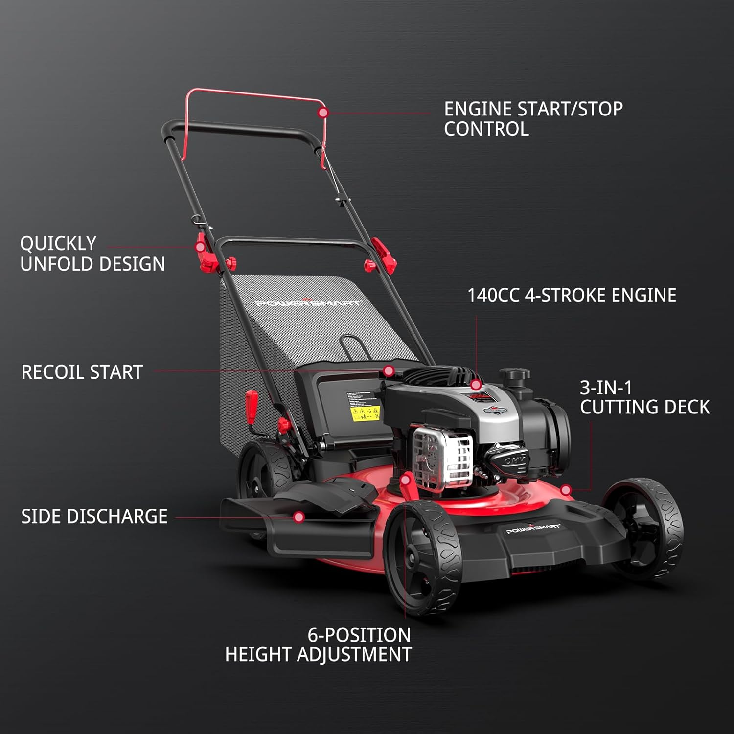 PowerSmart Gas Lawn Mower 21-Inch with 140cc Briggs and Stratton E550 Engine, High Wheels, 3-in-1 with Bagging B0D1JTMB3W - Image 8