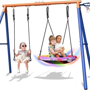 71iNbSpTCQL._AC_SL1500_.jpg 4-in-1 Swing Sets with Stand for Backyard, 440lbs Outdoor Saucer Swing Set for Kids, Heavy-Duty A-Frame Metal Playset for Playground, 32 inch Saucer, Belt Swing, Basketball Hoop, Led Light & Anchors B0D97WY6GX