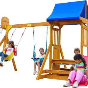 Kids Swing Sets for Backyard, Wooden Playground Sets for backyards with a Wave Slide, Rock Climbing Wall, 2 Swings, and More,6-in-1 Outdoor Playset B0CKMSL2RJ