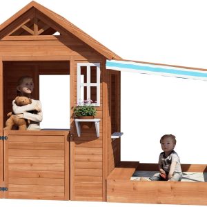 BIRASIL Kids Playhouse with Sandbox, Wooden Outdoor Cottage Play House with Sand Pit for Backyard Garden Ages 3 to 10 Years Old (Brown) B0D72Z7SQG