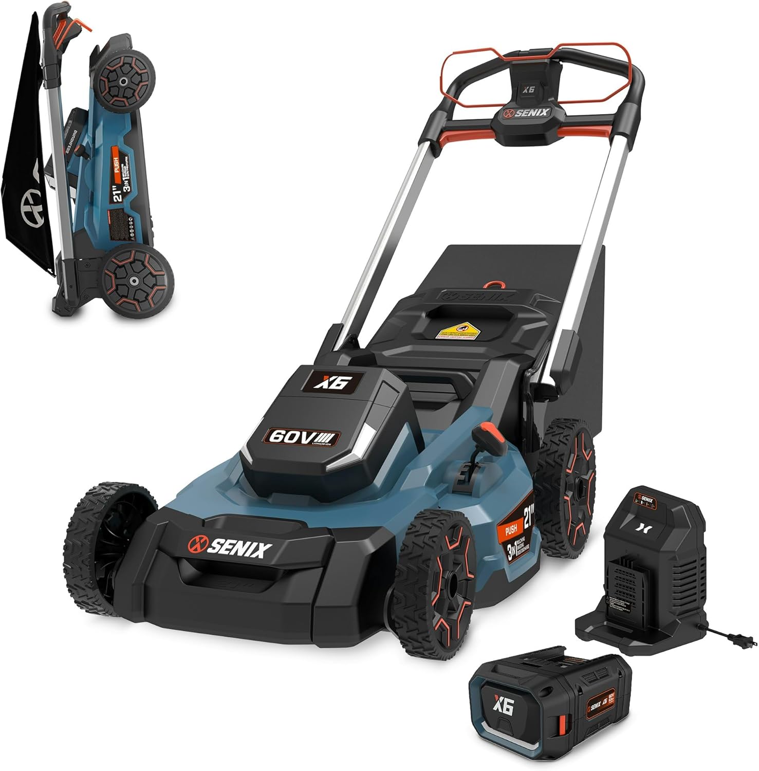 SENIX X6 60V 21-Inch 3-in-1 Cordless Lawn Mower with LED Light | 7 Height Adjustments, Smart Display, Bagging/Mulching/Side Discharge | 6Ah Li-ion Battery & Charger Included (LPPX6-H) B0CYVZTN2M