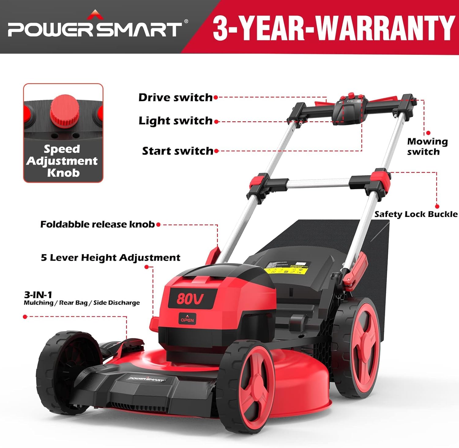 PowerSmart 80V MAX 21-Inch Brushless Self-Propelled Lawn Mower, 3-in-1 Mowing Function with 6.0Ah Battery and Charger B0CK1661ZF - Image 6