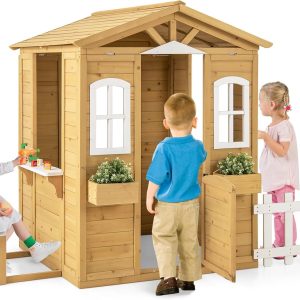 Costzon Outdoor Playhouse, Fir Wood Patio Pretend Play Center w/Bench, Mailbox, Fence, Serving Stations, Flowerpot Holders, Windows & Door, Children Play House for 2+ Years Old Kids B0F2MPDXMM