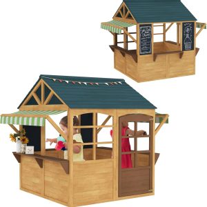Qaba Foldable Outdoor Playhouse, Wooden Kids Cottage with Windows, Working Door, Snack Bars, Waterproof Covers, Blackboards, for Kids 3-8 Years, Brown B0F2HX1CV9