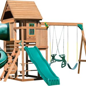 Swing-N-Slide Turbo Treehouse Wooden Swing Set with Wood Roof, Tube Slide, Wave Slide, Climbing Wall, Ladder, Picnic Table, and Swings, Green Slides B0DWZ1W3X4