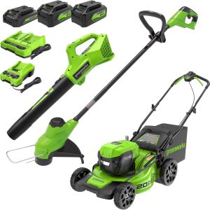 Greenworks 48V (2x24V) Electric Lawn Mower Combo Kit: 20"Steel Deck Push Mower, 12" String Trimmer, 320 CFM Blower, 3 Batteries & 2 Chargers, 3-Year Warranty. B0CBFM2629