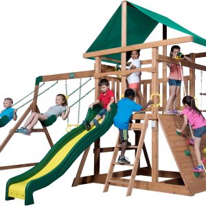 Backyard Discovery Mount Mckinley Cedar Wood Swing Set with Wave Slide, Play Deck, Double Rock Wall, Rope Ladder, Web Swing, Belt Swings, Toy Telescope, Steering Wheel, Sandbox Area, Outdoor Playset B01M0ET1BR