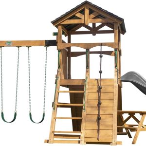 Endeavor II Cedar Wood Swing Set with Wave Slide, Play Deck, Double Rock Wall, Picnic Table, Climbing Wall, Belt Swings, Web Swing, Toy Telescope, Step Ladder, Outdoor Playset B0C5FTKNW9