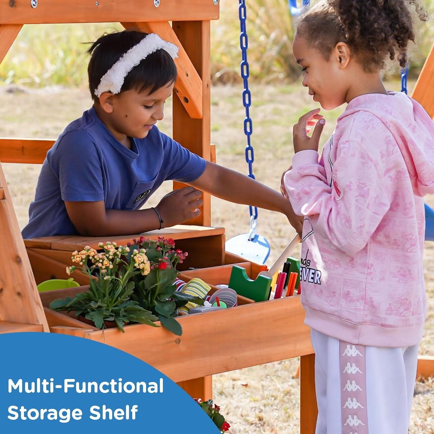 Dolphin Playground Swing Sets for Backyard with Monkey bar, Wooden Playground Sets for Backyards with 8FT Wave Slide, Multi-Functional Shelf, 2 Belt Swings, Outdoor Playset for Kids 3-10 B0D3LYPFXH - Image 6