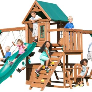 Swing-N-Slide Fremont Wooden Swing Set with Slide, Glider, Swings, Monkey Bars, Climbing Wall and Picnic Table, Wood, Green B0DJHHS158