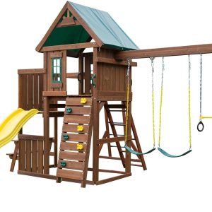 Swing-N-Slide Hemphill Ridge Wooden Swing Set with Vinyl Canopy Roof, Monkey Bars, Plastic Slide, Climbing Wall and Swings, Yellow Slide B0DWZ67PRK