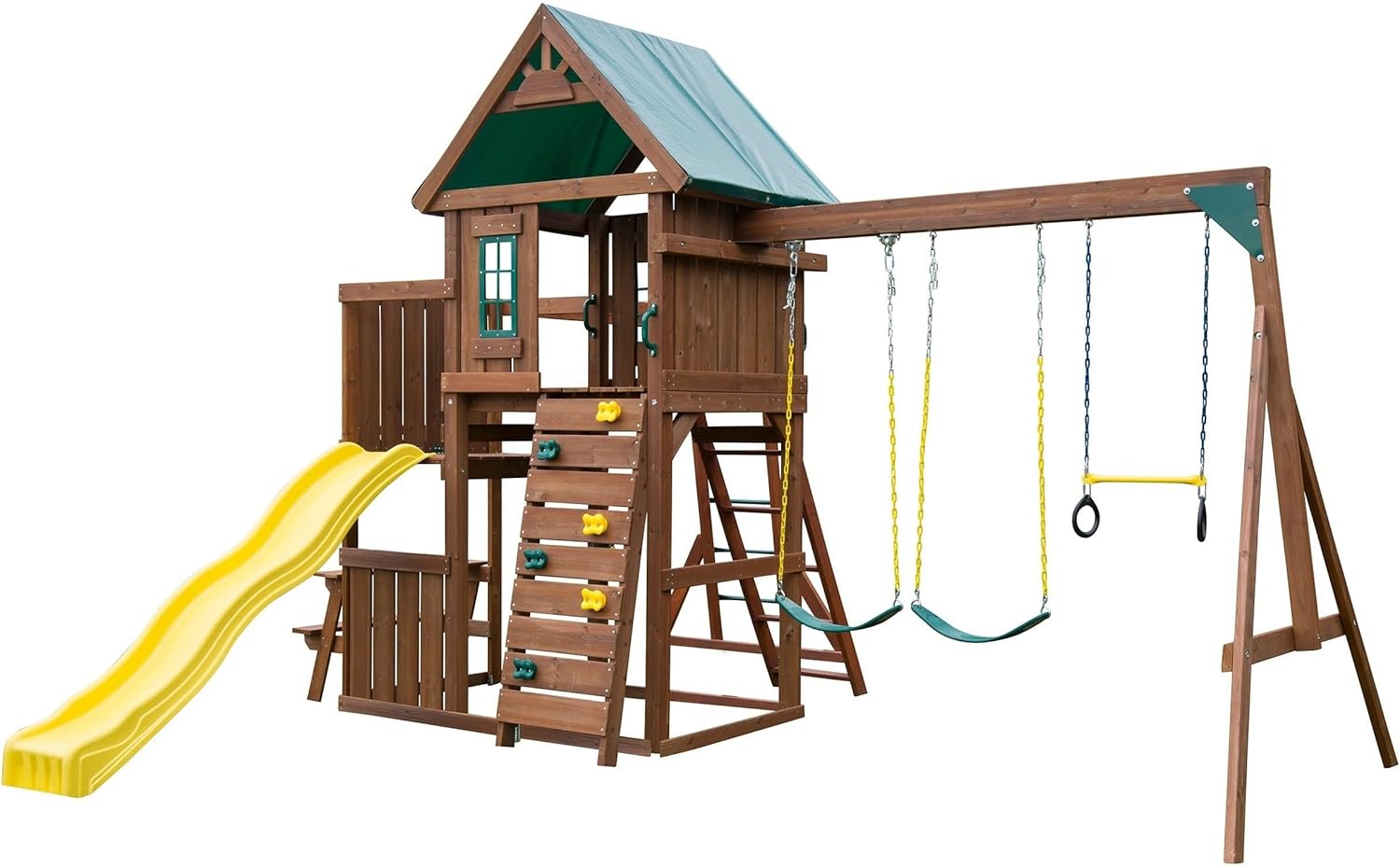 Swing-N-Slide Hemphill Ridge Wooden Swing Set with Vinyl Canopy Roof, Monkey Bars, Plastic Slide, Climbing Wall and Swings, Yellow Slide B0DWZ67PRK
