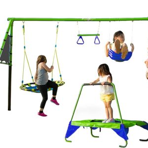 Sports Outdoor 8 Station Playground Set, Includes Swing Set, Slide, Monkey Bars, Basketball Hoop, Trampoline, Soccer and Basketball + Pump B09TX4B48Z