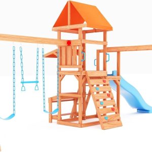 Dolphin Playground Swing Sets for Backyard with Monkey bar, Wooden Playground Sets for Backyards with 8FT Wave Slide, Multi-Functional Shelf, 2 Belt Swings, Outdoor Playset for Kids 3-10 B0D3LYPFXH