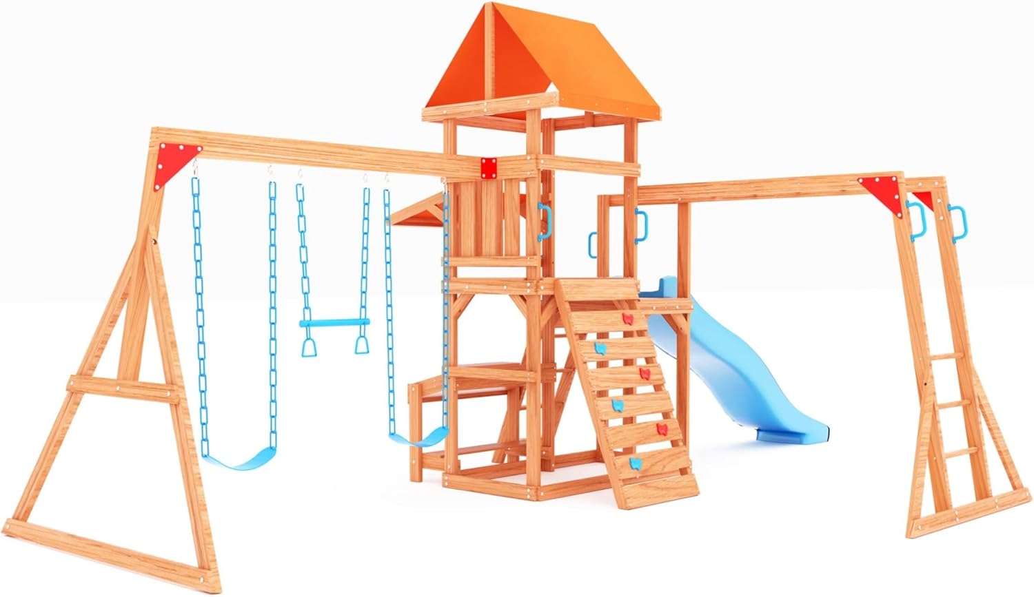 Dolphin Playground Swing Sets for Backyard with Monkey bar, Wooden Playground Sets for Backyards with 8FT Wave Slide, Multi-Functional Shelf, 2 Belt Swings, Outdoor Playset for Kids 3-10 B0D3LYPFXH