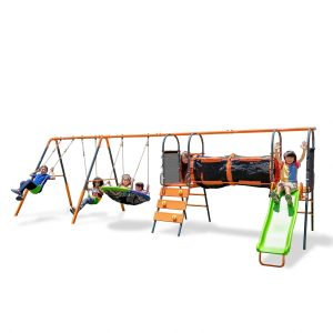 Jungle Warrior Anaconda Metal Swing Set with 45" Saucer Swing, 2 Sling Swings, Rock Climbing Wall and 5ft Slide with Slide B0BJQ1D359