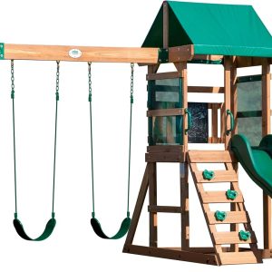 Buckley Hill Cedar Wood Swing Set with Wave Slide, Play Deck, Rock Wall Ladder, Belt Swings, Chalkboard, Canopy Roof, Outdoor Playset B07ZZKCV56