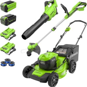 Greenworks 40V 20" Cordless Push Lawn Mower Bundle with Axial Leaf Blower(500 CFM / 120 MPH), 12" String Trimmer, 5Ah + 2Ah Batteries & Chargers B0DFLGTZG6