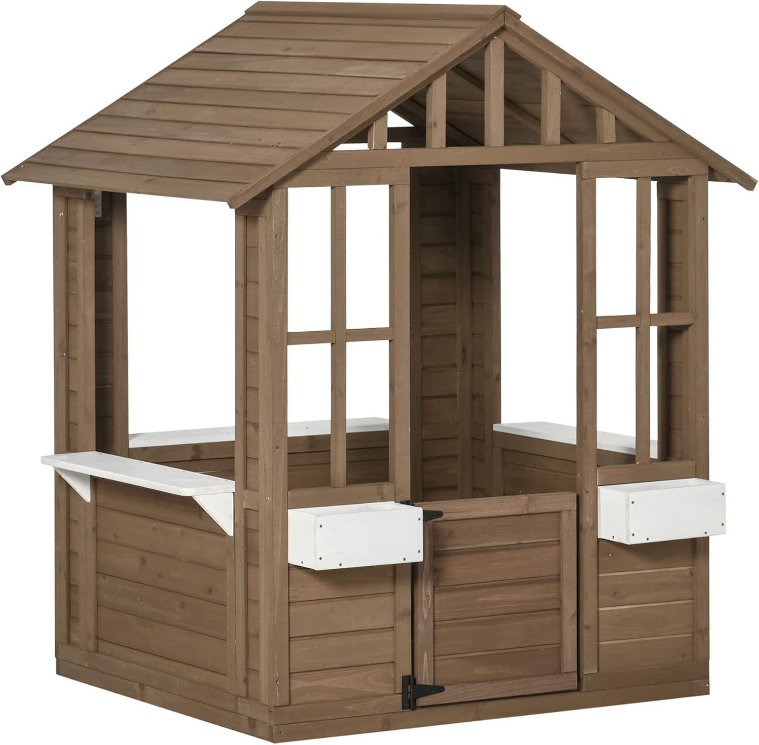 Outsunny Kids Wooden Playhouse, Outdoor Garden Games Cottage, with Working Door, Windows, Flowers Pot Holder, 47" x 38" x 54" B09R3RKLPV