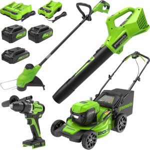 Greenworks 48V (2x24V) Lawn Mower Combo Kit with 20" Steel Deck, 12" String Trimmer, 320 CFM Blower, and Brushless 1/2" Drill Driver Ideal for Yard & Indoor B0F292VVTD