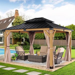 10'x12' Wooden Hardtop Gazebo,Wood Heavy Duty Solid Cedar Gazebos with Mosquito Netting and Waterproof Curtains,Outdoor Metal Canopy for Backyard Deck Patio B0DWK3ZFSQ