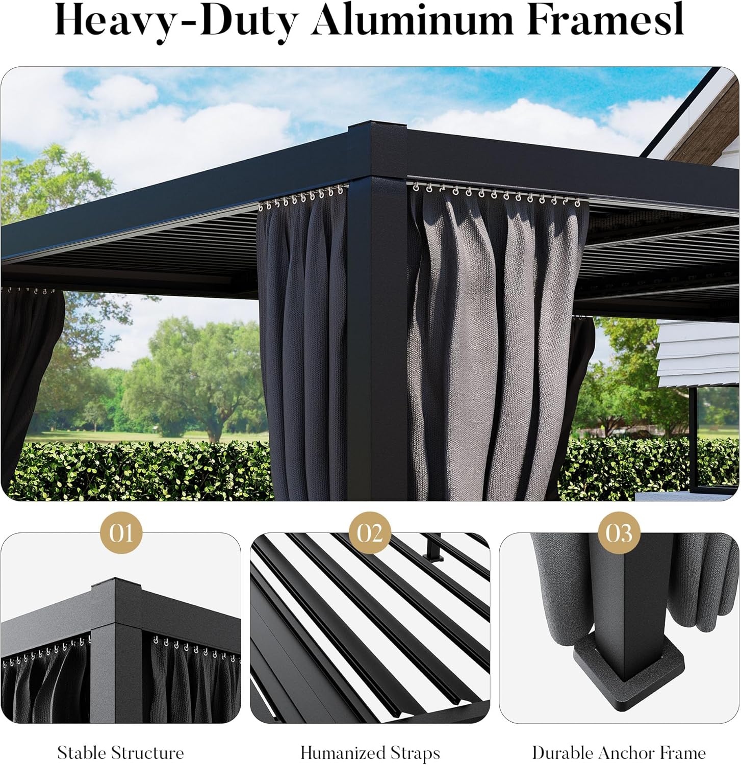 HOMPUS 12×24FT Louvered Pergola, Aluminum Pergola with 4 Adjustable Louvered Roof, Metal Pergolas with Netting & Curtains, Gazebo Shade Cover, Outdoor Pergolas for Backyard, Garden, Deck, Black B0DZTSC6QL - Image 6