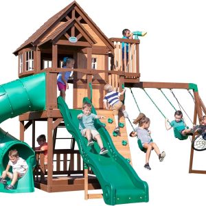Skyfort All Cedar Swing Set, Elevated Covered Wood Roof Clubhouse with Bay Windows, 2 Belt Swings, Web Swing, 10ft Wave Slide, 5 ft Tube Slide, Covered Picnic Table, 5 ft Rock Wall B081S9PT8P