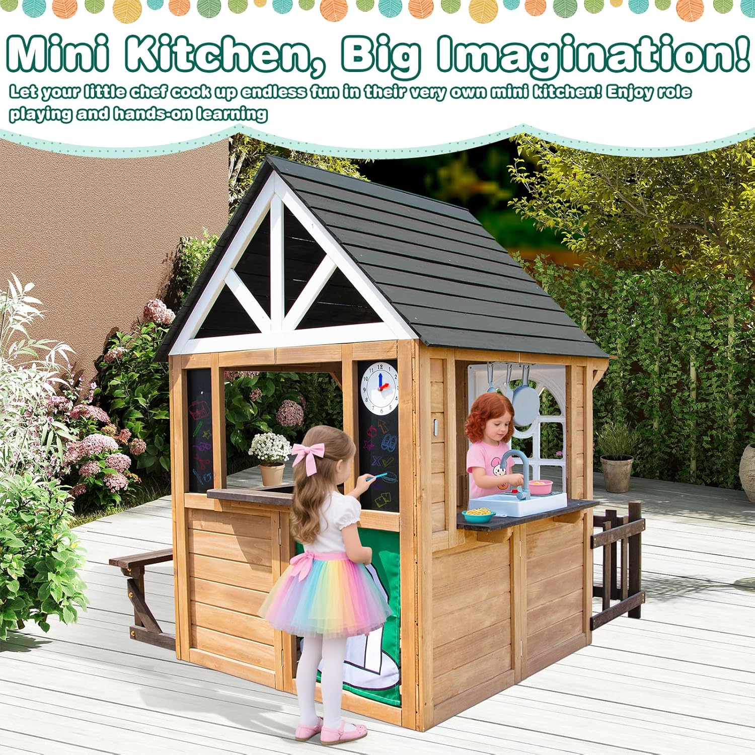 Kids Playhouse – Outdoor & Indoor Playset, Modern Gray Cedar Wooden Playhouse for Kids Ages 4-8 with Functional Kitchen Set (Includes Stove, Sink) Interactive Doorbell (Brown+Green) B0F73ZV3JK - Image 4
